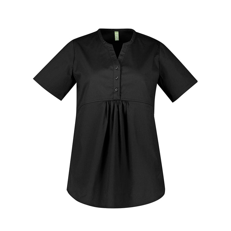 Load image into Gallery viewer, Biz Womens Rose Tunic Scrub Top, a versatile maternity or relaxed-fit tunic with side stretch panels and antibacterial protection, features a longer curved hem, yoke gathers, and functional buttons for healthcare professionals.