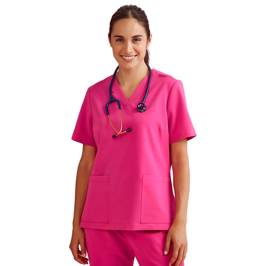 Biz Womens Pink V-Neck Scrub Top with modest neckline and pink ribbon embroidery on sleeve, features utility loop, hem pockets, and functional side splits, designed for demanding environments with easy-care fabric.