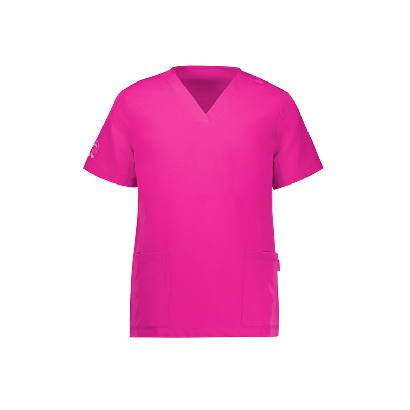 Load image into Gallery viewer, Biz Womens Pink V-Neck Scrub Top featuring pink ribbon embroidery on the sleeve, utility loop on the shoulder, and functional side splits, designed for comfort and mobility. Part of a breast cancer foundation initiative.