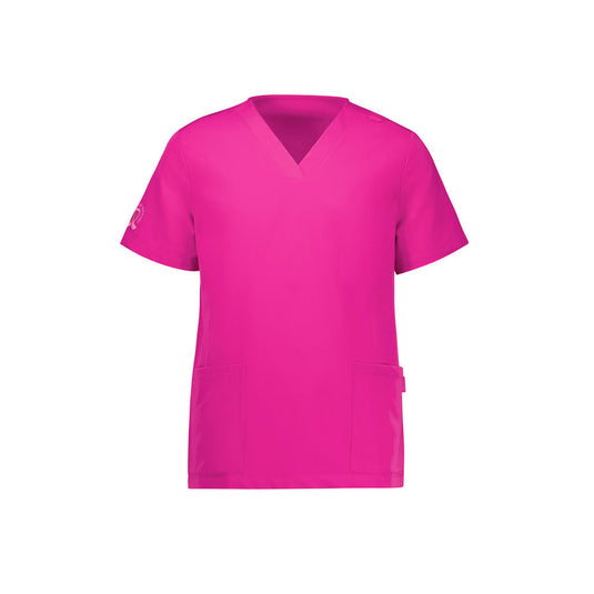 Biz Womens Pink V-Neck Scrub Top featuring pink ribbon embroidery on the sleeve, utility loop on the shoulder, and functional side splits, designed for comfort and mobility. Part of a breast cancer foundation initiative.