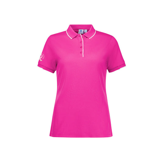 Biz Womens Pink Short Sleeve Polo, featuring a breathable polyester-cotton blend with a knitted rib collar, contrast stripe, and button-through piping placket, supports the Australia National Breast Cancer Foundation.
