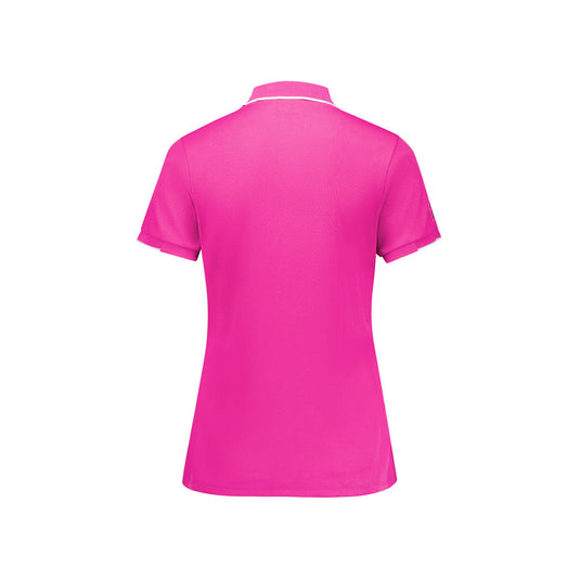 Biz Womens Pink Short Sleeve Polo featuring a breathable pique knit with cotton inside, ribbed collar, and contrast stripe sleeve cuffs, supporting the Australia National Breast Cancer Foundation with each purchase.