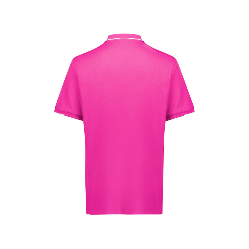 Load image into Gallery viewer, Biz Mens Pink Short Sleeve Polo, designed for comfort with breathable pique knit, features a ribbed collar and striped cuffs. A portion of sales supports the Australia National Breast Cancer Foundation.