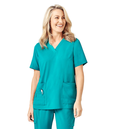 Bizcare Womens Avery V Neck Scrub Top, showcasing a modern fit with functional side splits and utility loops. Designed for comfort and durability, ideal for demanding environments in Active Safety's workwear collection.