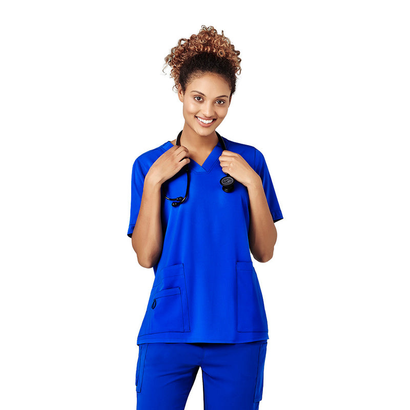 Load image into Gallery viewer, Bizcare Womens Avery V Neck Scrub Top, designed for durability and comfort, features five pockets, utility loops, a bungee loop, and functional side splits, ideal for demanding work environments.