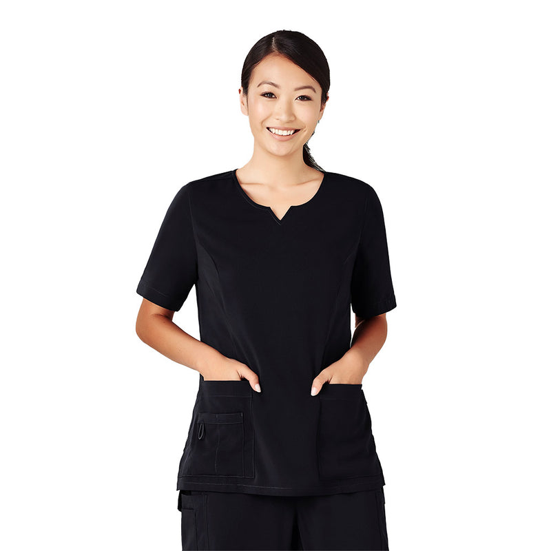 Load image into Gallery viewer, Biz Womens Avery Round Neck Scrub Top showcases a tailored fit with princess seams and back darts for enhanced shaping, featuring utility loops, five pockets, and a modest neckline, ideal for demanding work environments.