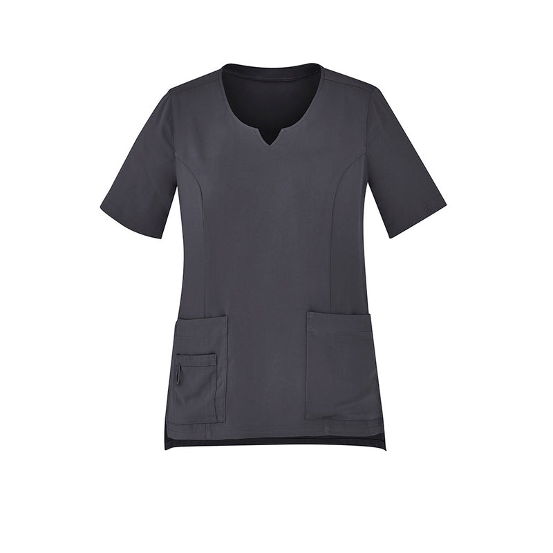 Load image into Gallery viewer, Biz Womens Avery Round Neck Scrub Top, designed for active professionals, features durable fabric with five pockets, utility loops, tailored fit, and functional side splits, ideal for demanding environments.