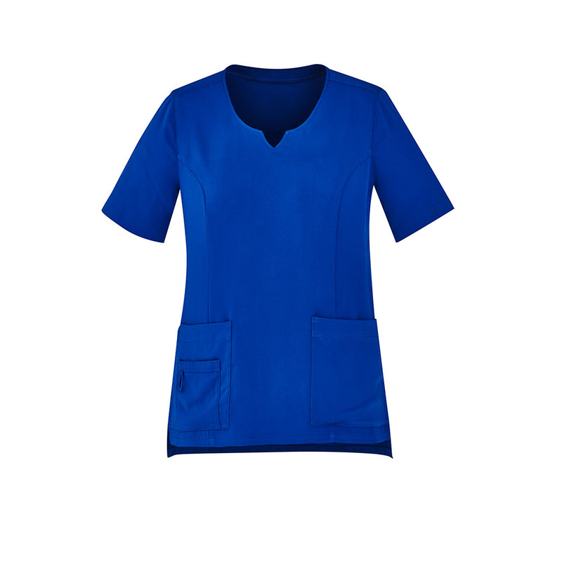Load image into Gallery viewer, Biz Womens Avery Round Neck Scrub Top offers a tailored fit with princess seams, functional side splits, and utility loops. Designed for durability and comfort, ideal for demanding work environments in warmer climates.