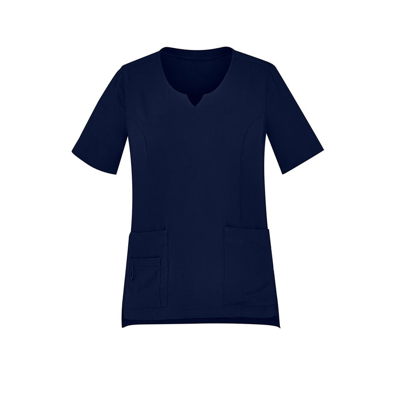 Load image into Gallery viewer, Biz Womens Avery Round Neck Scrub Top, showcasing a tailored fit with princess seams and back darts, features five pockets, utility loops, and a bungee loop, ideal for demanding work environments.