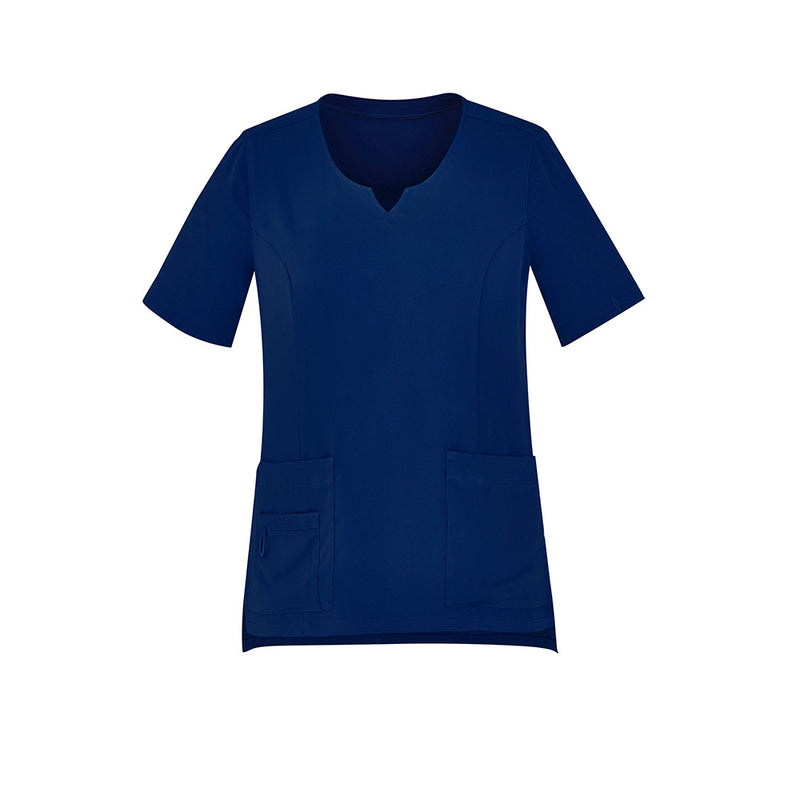 Load image into Gallery viewer, Biz Womens Avery Round Neck Scrub Top, designed for durability and comfort, features a tailored fit with princess seams, functional side splits, five utility pockets, and a bungee loop for keys or swipe cards.