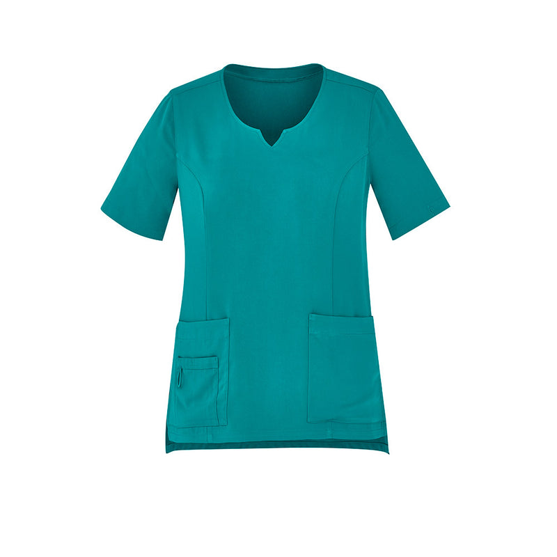 Load image into Gallery viewer, Biz Womens Avery Round Neck Scrub Top, tailored with princess seams, features five pockets, utility loops, and a longer back hem for comfort and functionality, ideal for demanding work environments.