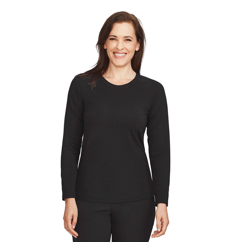 Load image into Gallery viewer, Biz Performance Women’s Long Sleeve Tee featuring raglan sleeves for enhanced movement; crafted from soft cotton with added stretch and Silverplus® antibacterial protection, offering a clean, versatile look suitable for active and professional settings.