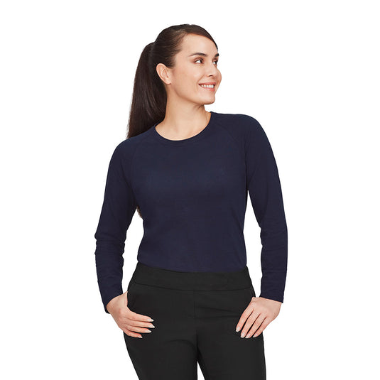 Biz Performance Women’s Long Sleeve Tee featuring raglan sleeves for enhanced movement. Crafted from soft cotton with Silverplus® antibacterial protection, offering a clean, brand-free look ideal for versatile active or work environments.