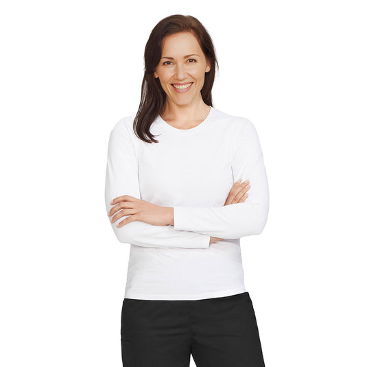 Biz Performance Women’s Long Sleeve Tee with raglan sleeves, crafted from soft cotton and elastane, offers antibacterial protection and stretch for comfort, ideal for base layering or standalone wear.