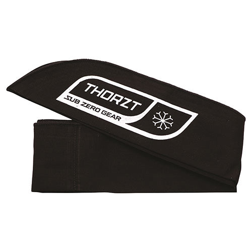 Thorzt Cooling Neck Tie: Black headband with white text, designed to reduce heat stress by promoting evaporative cooling. Ideal for workplace safety, enhancing comfort in high-temperature environments.