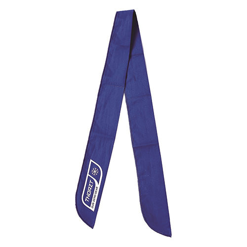 Thorzt Cooling Neck Tie: Royal Blue, featuring white text, designed to aid in heat stress prevention through evaporative cooling. Ideal for workplace safety, promoting thermoregulation by lowering core body temperature.