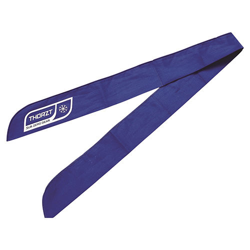 Thorzt Cooling Neck Tie: Royal Blue with white text, designed for heat stress prevention through evaporative cooling, ideal for workplace safety and comfort.