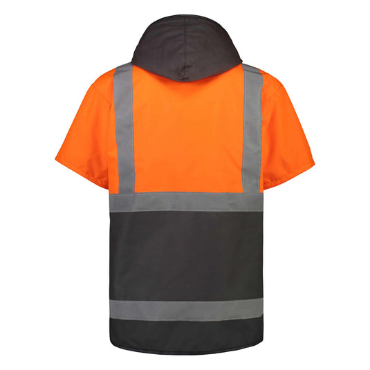 Far South Dacre Hi Vis Oilskin Short Sleeve Vest With Hood, featuring a durable oilskin design, fleece lining, reflector tape, side welt pockets, heavy-duty zip, and extended back, ideal for safety and comfort.
