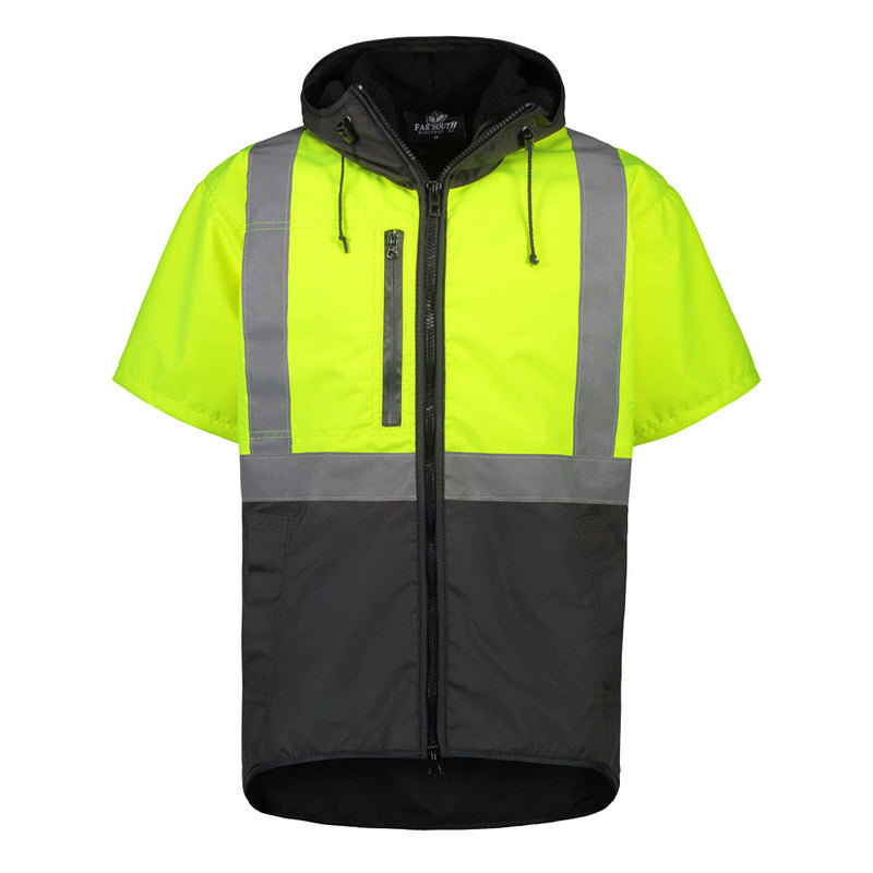 Load image into Gallery viewer, Far South Dacre Hi Vis Oilskin Short Sleeve Vest With Hood, featuring a durable waxed cotton build, reflector tape, fleece lining, heavy-duty zip, and extended back, ideal for workplace safety and comfort.