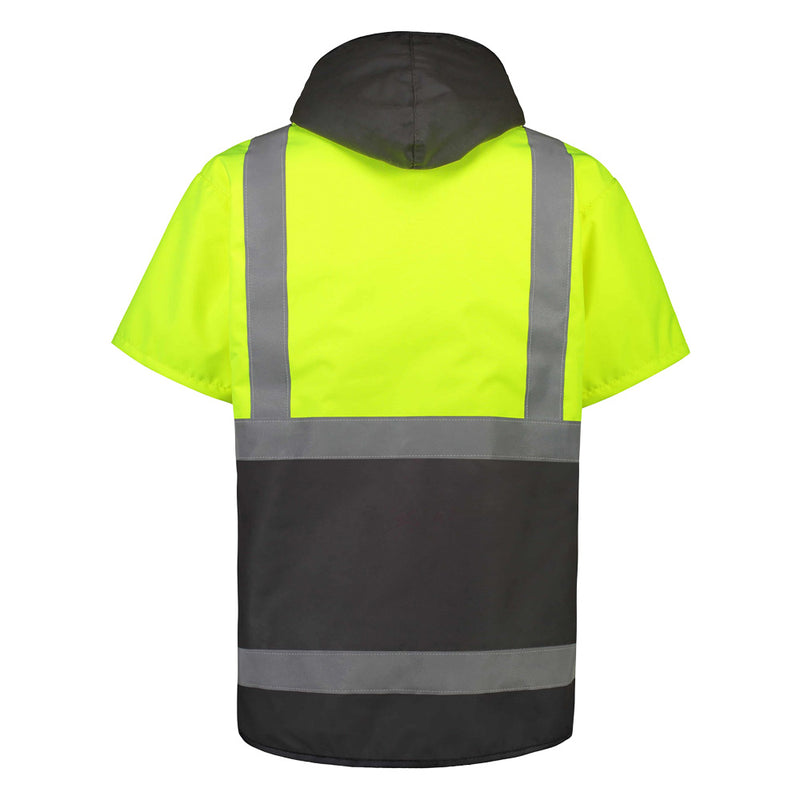Load image into Gallery viewer, Far South Dacre Hi Vis Oilskin Short Sleeve Vest With Hood, featuring water-resistant waxed cotton, reflector tape, fleece lining, and heavy-duty zip. Designed for durability and warmth, ideal for safety-conscious environments.