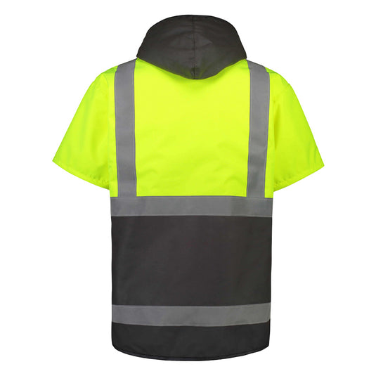 Far South Dacre Hi Vis Oilskin Short Sleeve Vest With Hood, featuring water-resistant waxed cotton, reflector tape, fleece lining, and heavy-duty zip. Designed for durability and warmth, ideal for safety-conscious environments.