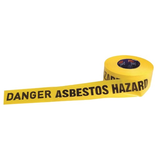 Danger Asbestos Hazard Barrier Tape Yellow 75mm x 300m, designed for workplace safety, features black text on heavy-duty yellow plastic, ideal for marking hazardous areas, ensuring clear visibility and warning.