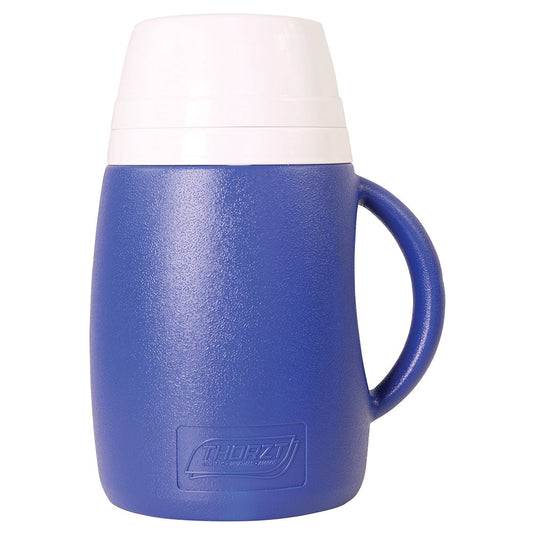 Thorzt Drink Cooler 2.5 Litre (Blue) with robust design features a wide base, screw top lid, easy pour spout, and detachable drinking cup, ideal for maintaining coolness and durability in active workplaces.