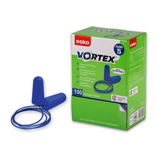 Esko Vortex Earplugs Blue Metal Detectable: Box/100, shown with earplugs and a jump rope, ideal for noise protection in the food industry, packaged in individual polybags for workplace safety.
