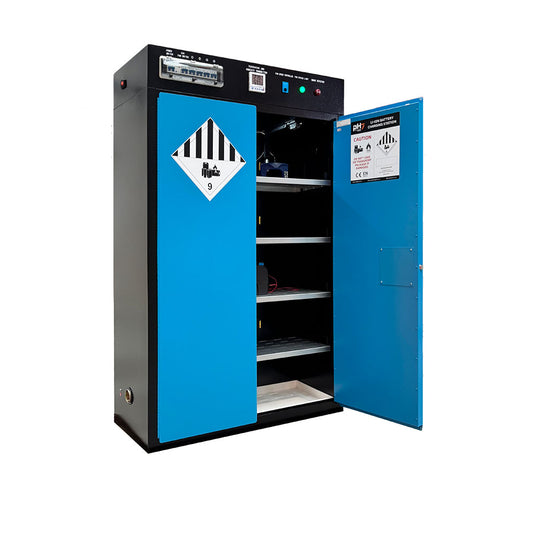 Lithium Battery Charging Cabinet 170L: 2 Doors (Double), featuring four adjustable shelves with 32 sockets, external isolation switches, and visible temperature sensors, designed for safe Li-Ion battery charging and fire prevention.