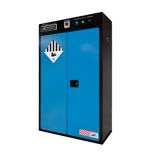 Lithium Battery Charging Cabinet 170L: 2 Doors (Double) with adjustable shelves, 32 lightning-protected sockets, temperature and humidity monitor, and smoke detector, designed for safe Li-Ion battery charging and fire protection.