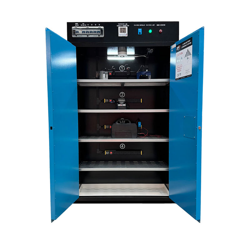 Load image into Gallery viewer, Lithium Battery Charging Cabinet 170L: 2 Doors (Double) featuring double steel walls, four adjustable shelves with 32 sockets, and external isolation switches, designed for safe Li-Ion battery charging.