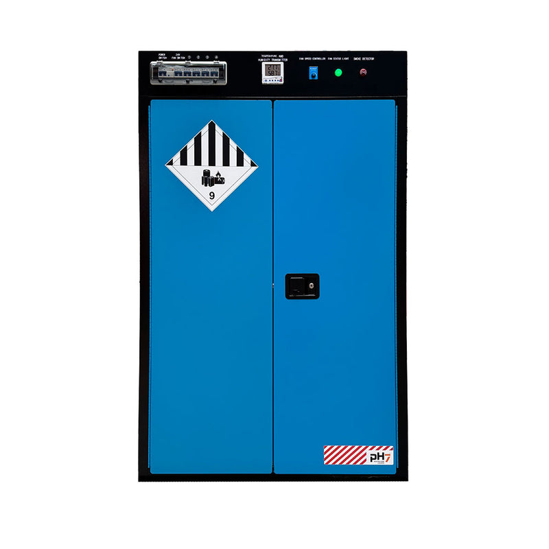 Load image into Gallery viewer, Lithium Battery Charging Cabinet 170L: 2 Doors (Double) with four adjustable shelves, visible temperature and humidity monitor, smoke detector, and external isolation switches, designed for safe Li-Ion battery charging.