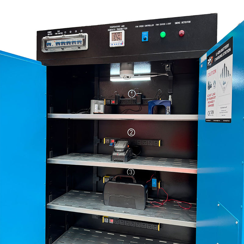 Load image into Gallery viewer, Lithium Battery Charging Cabinet 170L: 2 Doors (Double) with four adjustable shelves, visible temperature and humidity sensors, and external isolation switches, designed for safe, efficient Li-Ion battery charging and fire prevention.