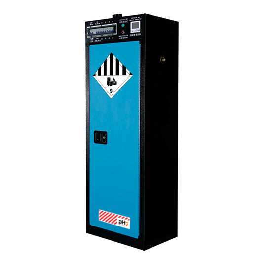 Lithium Battery Charging Cabinet 83L: Single Door with adjustable shelves, visible temperature and humidity sensors, smoke detector, and 20 sockets, ensuring safe Li-Ion battery charging in compliance with safety standards.