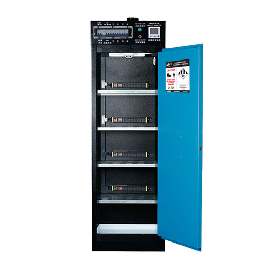 Lithium Battery Charging Cabinet 83L: Single Door showcasing a robust fireproof design with visible temperature and humidity sensors, adjustable shelving, and external isolation switches for safe Li-Ion battery charging.