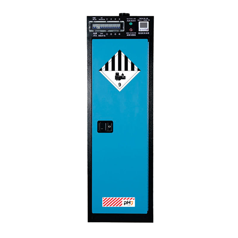 Load image into Gallery viewer, Lithium Battery Charging Cabinet 83L: Single Door featuring four adjustable shelves, 20 lightning-protected sockets, visible temperature and humidity sensors, and external isolation switches for safe Li-Ion battery charging.