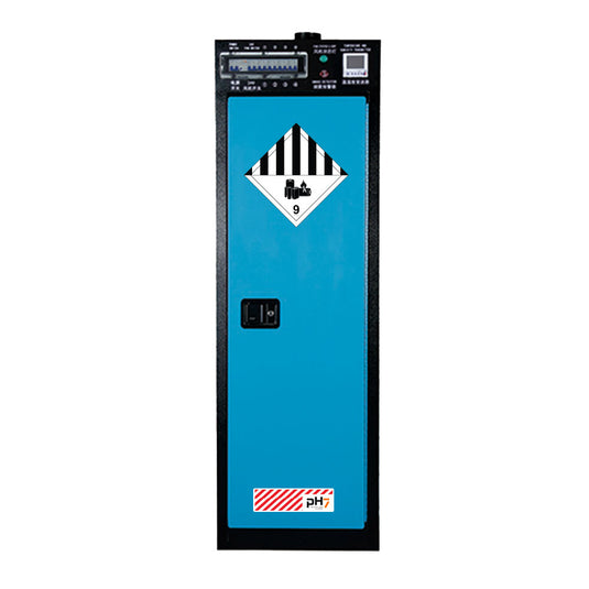 Lithium Battery Charging Cabinet 83L: Single Door featuring four adjustable shelves, 20 lightning-protected sockets, visible temperature and humidity sensors, and external isolation switches for safe Li-Ion battery charging.