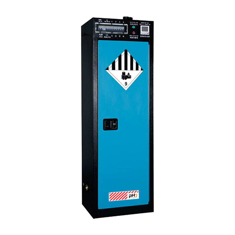 Load image into Gallery viewer, Lithium Battery Charging Cabinet 83L: Single Door, featuring adjustable shelves, visible temperature and humidity monitor, exhaust fan, smoke detector, and external isolation switches for safe and efficient battery charging.