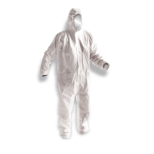 Disposable Type 5/6 Coveralls 60gsm, White, displayed on a mannequin, featuring a hooded protective suit designed to shield against non-toxic splashes and particles, ideal for maintaining cleanliness in diverse work environments.