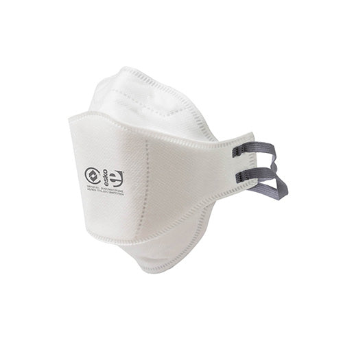 Esko P2 Flat Fold Respirator: Box/20, featuring a white mask with grey dual straps for a secure fit. Designed for protection against particles, it is foldable, individually packaged, and comes in a box of 20.