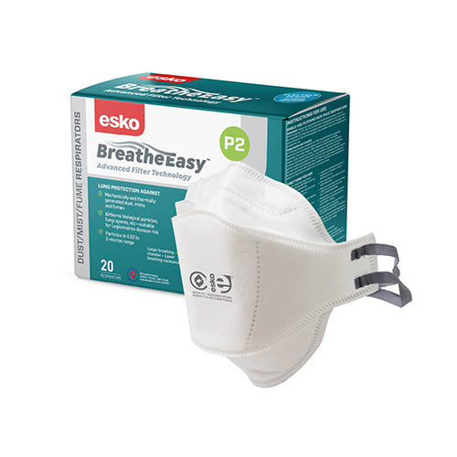 Esko P2 Flat Fold Respirator: Box/20 displayed next to its packaging, featuring dual straps and a foldable design for easy storage, ideal for protection against particles.