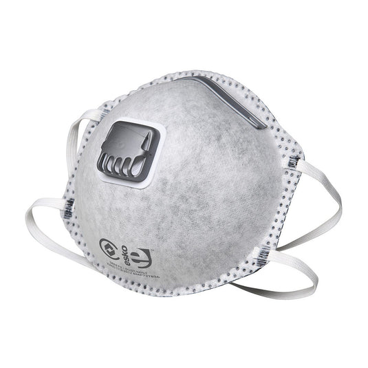 Esko P2 Valved Mask with Carbon Filter: Box/12, featuring dual straps and an AIR8™ exhalation valve, designed for protection against lower-level vapours and particles, ideal for chemical sensitivity and workplace safety.