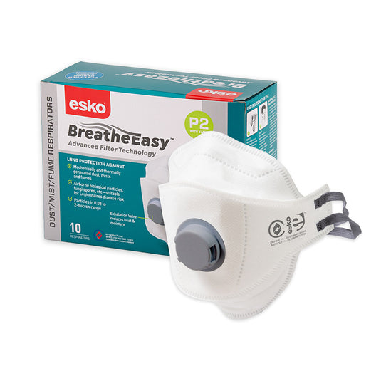 Esko P2 Flat Fold Respirator with Valve: Box/10, featuring a white mask with a grey valve and dual grey straps, ideal for protection against particles, conveniently foldable, and individually packaged for easy identification and comfort.