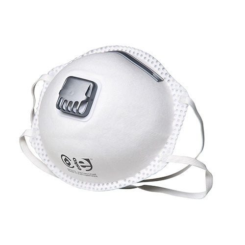 Esko P2 Valved Respirator Box/12 featuring a white face mask with a rubber strap and grey clip, designed for effective protection against particles with an AIR8™ exhalation valve for enhanced airflow.