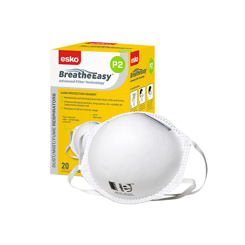 Load image into Gallery viewer, Esko P2 Respirator Non-Valved: Box/20, showing a set of respirators designed for protection against particles in industrial settings. Features dual straps for a secure fit, ideal for various safety applications.