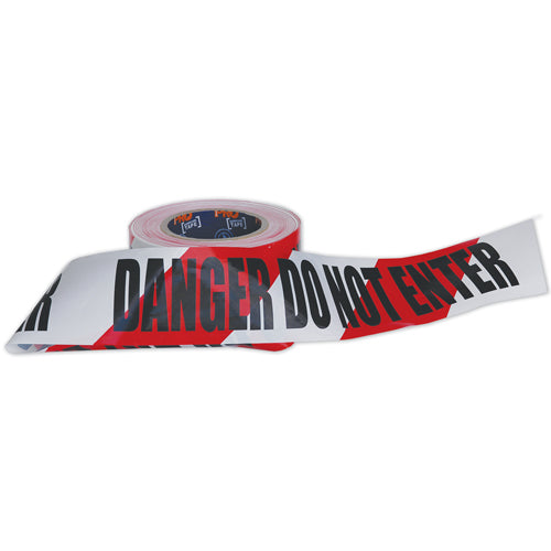 Pro Barricade Danger Tape 100m Roll displayed in a close-up, showcasing its warning text. Ideal for marking hazardous areas, aligning with Active Safety's focus on workplace safety products.