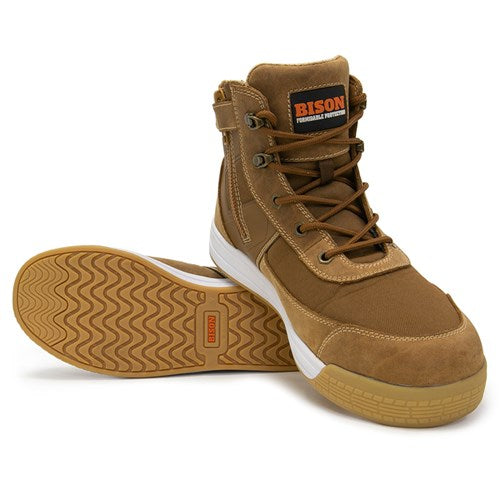 Load image into Gallery viewer, Bison Dune Zip Safety Boots, Brown, featuring a distinct logo, ergonomic zip and lace design, robust steel toe cap, and non-marking sole, perfect for workplace safety and comfort.