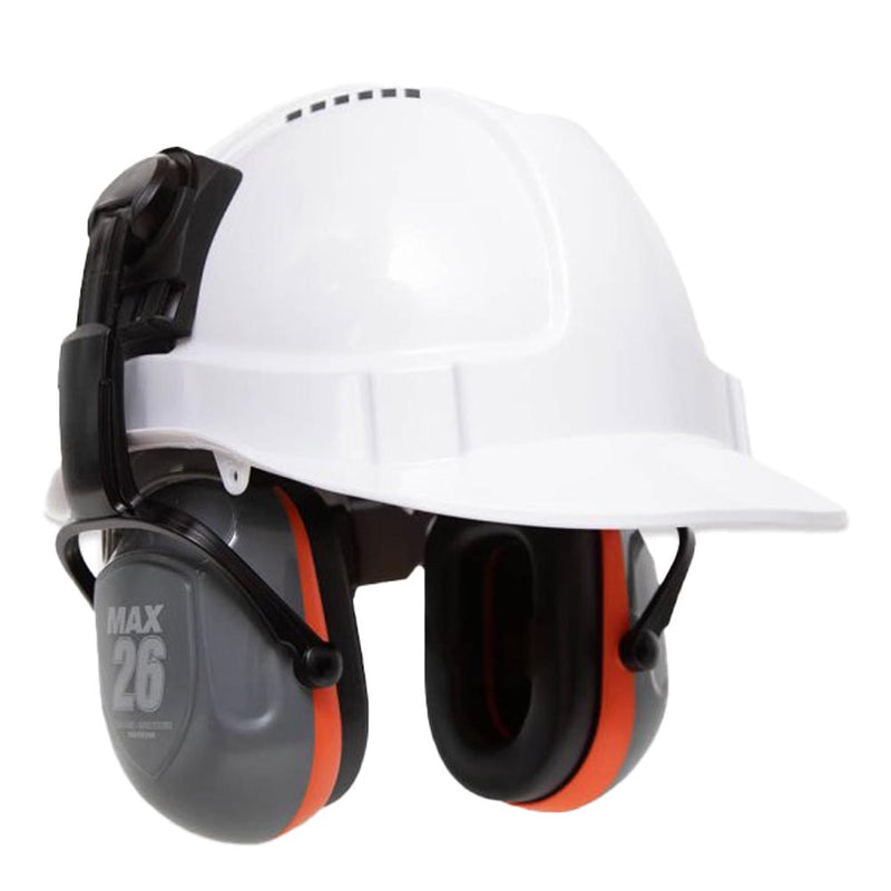 Load image into Gallery viewer, Esko Max26 Cap Attach Earmuff Class 5 shown clipped onto a white hard hat, featuring over-the-ear hearing protectors with 30mm euroslot connectors, compatible with Tuff-Nut & Nexus helmets, ideal for workplace safety.