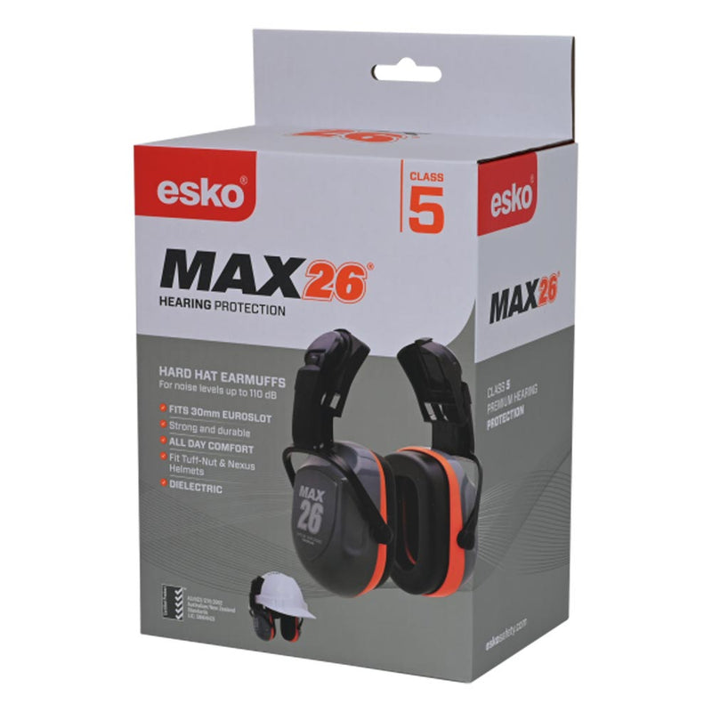 Load image into Gallery viewer, Esko Max26 Cap Attach Earmuff Class 5 packaging, showcasing black-and-orange earmuffs for helmets; features include noise reduction up to 110 dB, dielectric properties, and compatibility with Tuff-Nut & Nexus helmets.