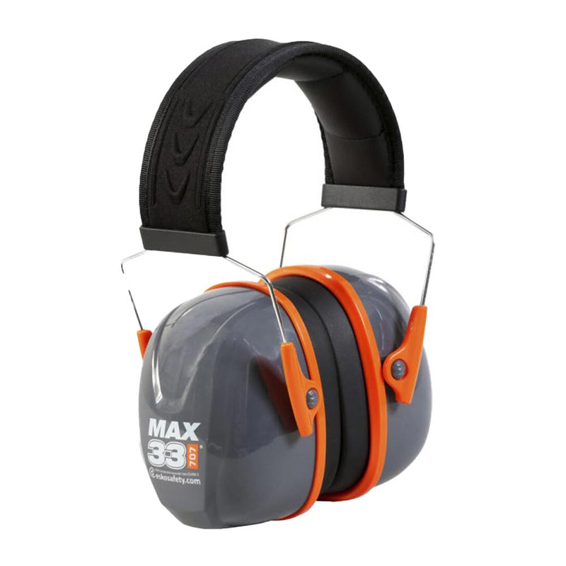 Load image into Gallery viewer, Esko Max33 707 Headband Earmuff, Class 5, features gray ear cups with orange accents and a padded black headband, offering industrial-grade hearing protection and premium comfort for high noise environments.